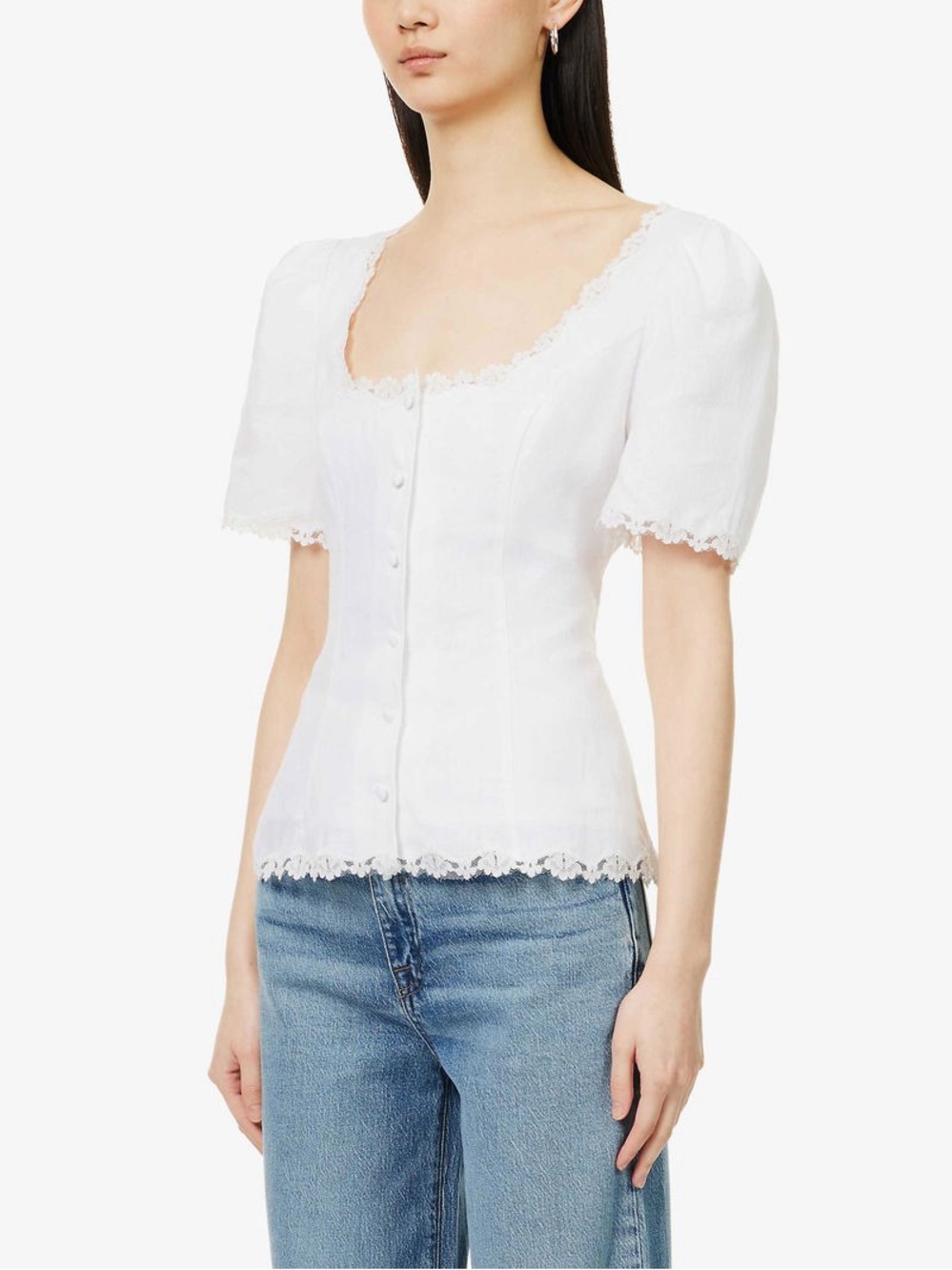 Reformation Annabella top linen White Lace-Trim Puff Sleeve Blouse size 10 - Picture 4 of 9